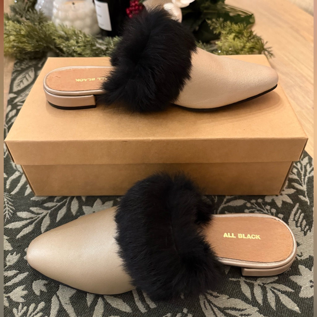 New In Box All Black Fur Mules Size 38
